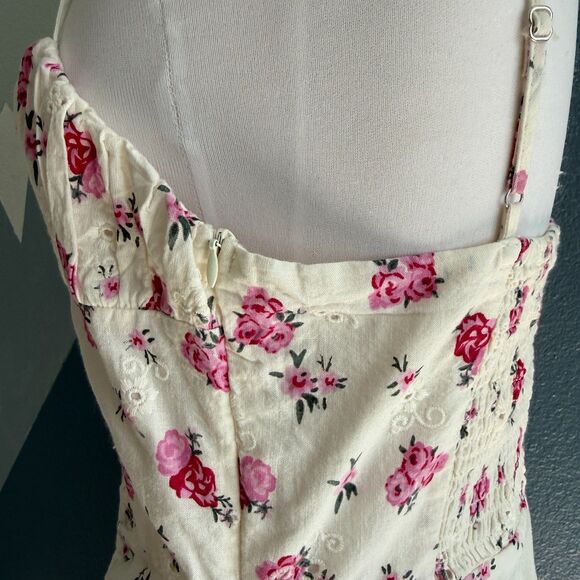 Zara Linen Floral Bustier Eyelet Smocked Midi Dress Size Large - Picture 8 of 12